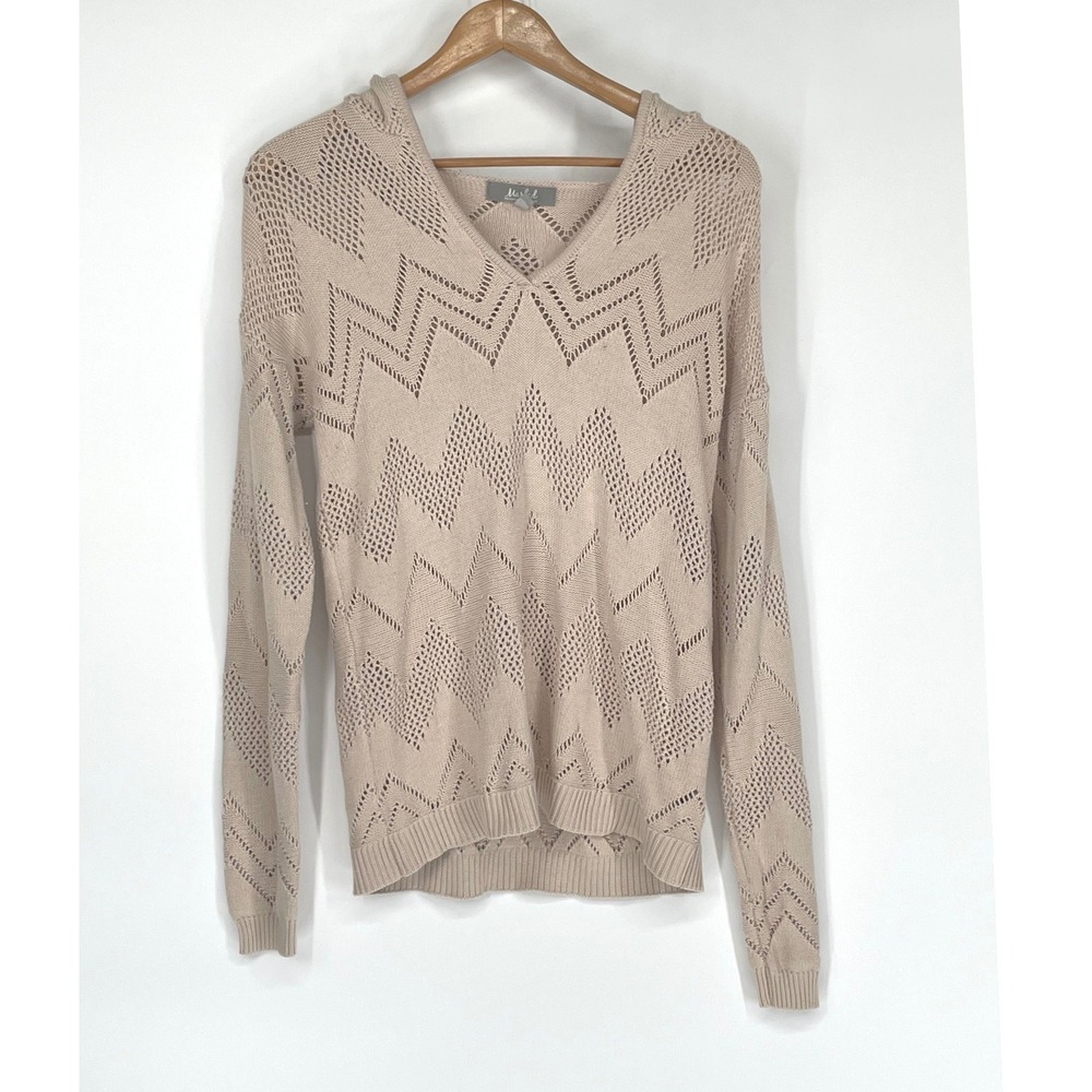 Marled Reunited Clothing Womens‎ XS Sweater Beige Chevron Pointelle Hooded